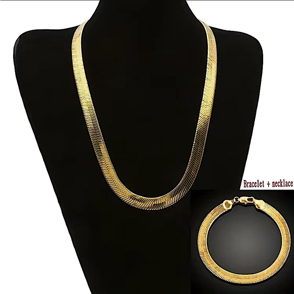 Gold Herringbone Flat Necklace Bracelet Set, Unisex, Two Piece 4mm - Picture 2 of 9